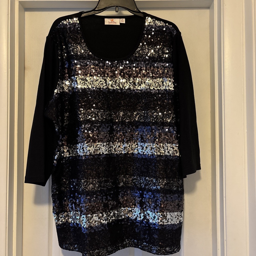 Quacker Factory Striped Lace Sequined 3/4 Sleeve Tunic Dress Party Top Black 2X